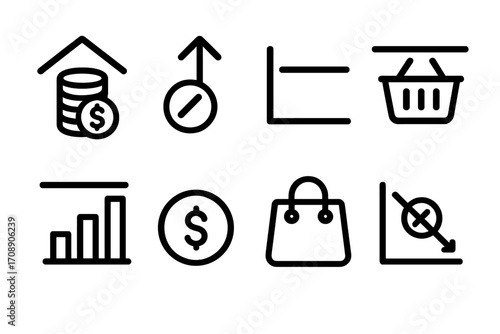 Shopping and finance flat icon set. featuring money, basket, chart, sales, growth, and bag symbols
