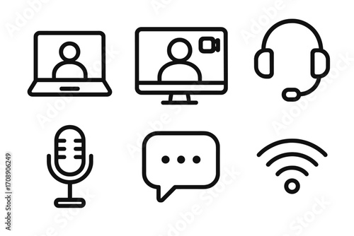 Communication silhouette icons set. featuring laptop, monitor, headset, microphone, chat, wifi symbols