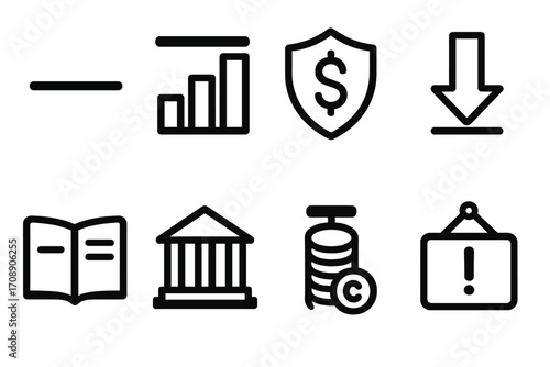 Financial management silhouette icon set. featuring chart, currency, download, book, bank, and alert symbols