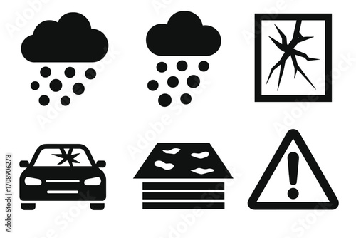 Weather damage silhouette icon set. featuring hail, broken window, damaged car, roof damage, warning sign