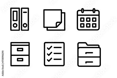 Office supplies linear icons set. featuring binders, paper, calendar, file cabinet, checklist, folders