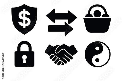 Business and security silhouette icons set. featuring dollar, transfer, shopping, lock, handshake, yin yang