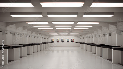 Long indoor shooting range with multiple targets and lanes under bright fluorescent lighting