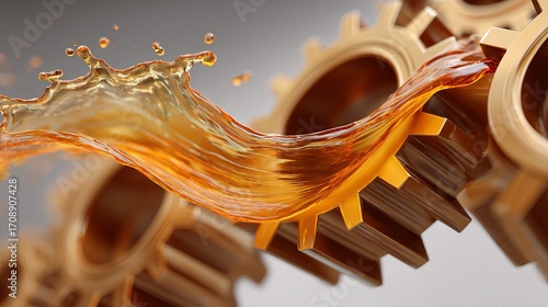 Oil splash on rotating gears concept of motor lubrication 3D rendering of mechanical industry process