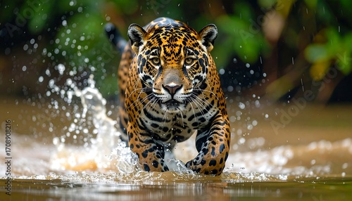 A powerful jungle cat charges forward through water, creating a splash. Lush green foliage surrounds the scene