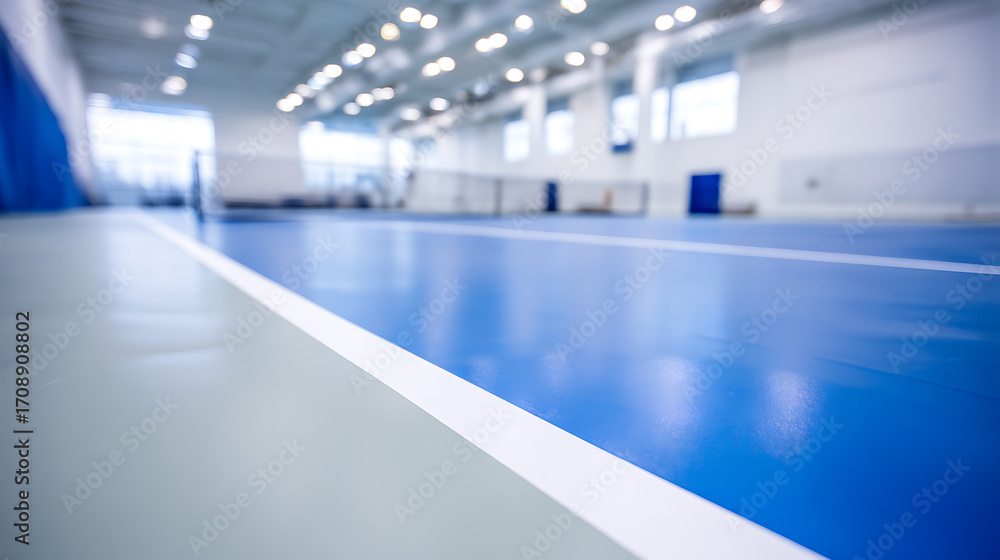 Fototapeta premium Indoor sports facility with blue and gray flooring and bright overhead lighting