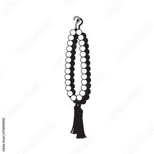 A simple black and white illustration of a mala prayer beads necklace with a tassel for meditation and spiritual practice