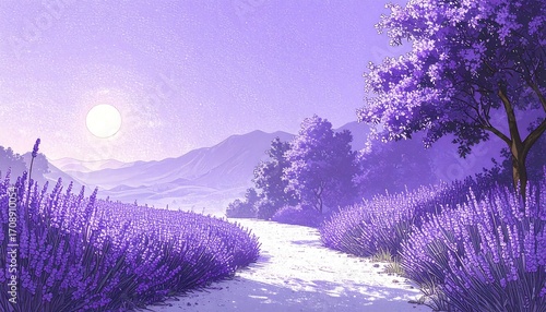 Serene Lavender Field Path at Sunset with Mountains and Full Moon