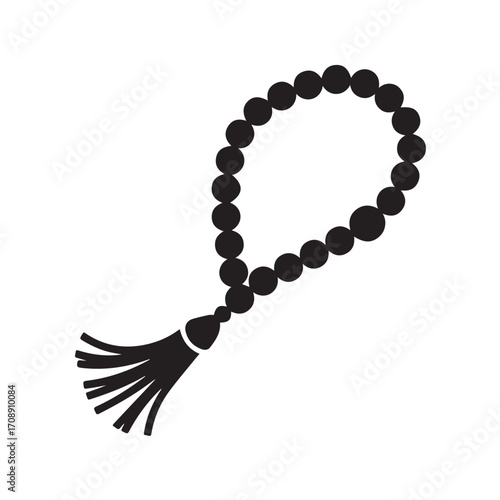 Black islamic prayer beads or tasbih with a tassel on a white background symbolizing faith and devotion