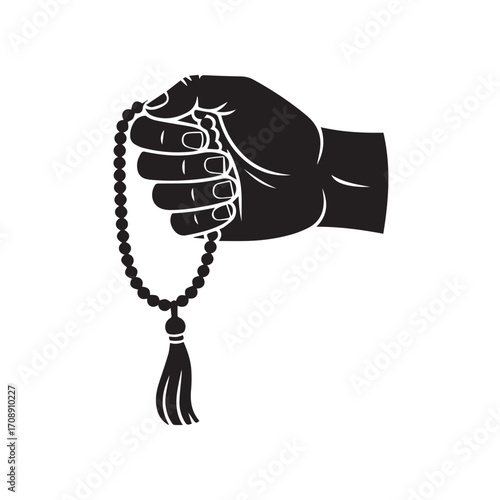 Close up silhouette of a hand holding a string of prayer beads with a tassel against a white background