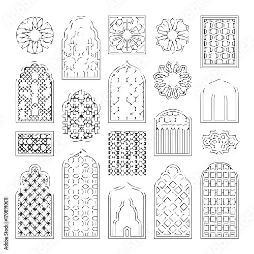 Collection of intricate architectural window designs and decorative elements in a black and white sketch style