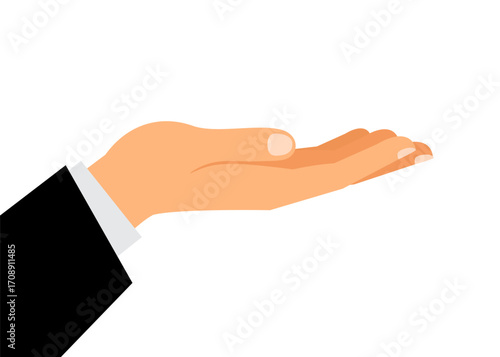 Outstretched hand. Vector illustration flat design. Isolated on white background. Gesture hands palms up to showcase objects. Empty space, template for demonstrations. Stock illustration.