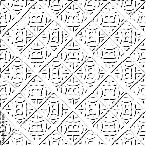3d relief tiles. Vector pattern with symmetrical elements . Modern stylish abstract texture. Repeating tiles from striped elements. Black and white pattern.