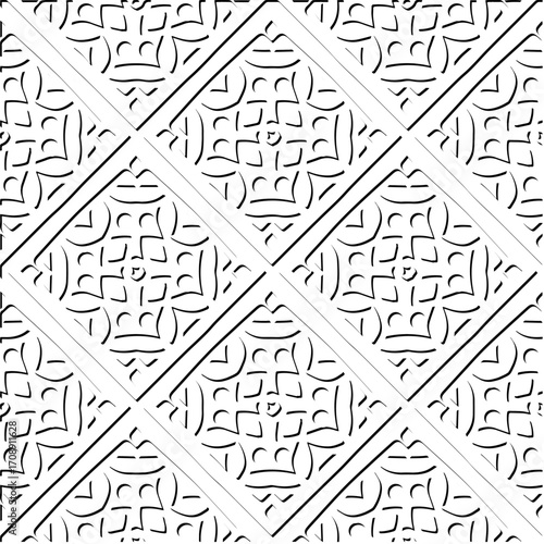 3d relief tiles. Vector pattern with symmetrical elements . Modern stylish abstract texture. Repeating tiles from striped elements. Black and white pattern.