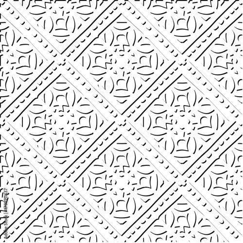 3d relief tiles. Vector pattern with symmetrical elements . Modern stylish abstract texture. Repeating tiles from striped elements. Black and white pattern.