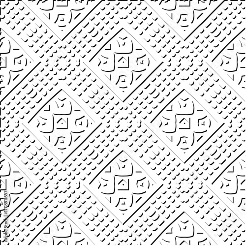 3d relief tiles. Vector pattern with symmetrical elements . Modern stylish abstract texture. Repeating tiles from striped elements. Black and white pattern.
