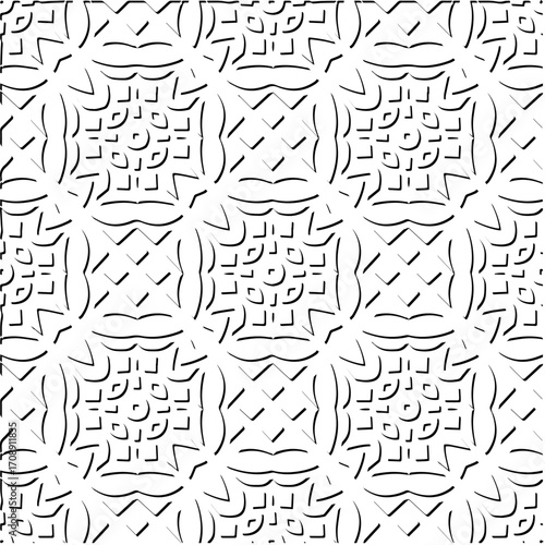 3d relief tiles. Vector pattern with symmetrical elements . Modern stylish abstract texture. Repeating tiles from striped elements. Black and white pattern.