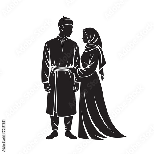 Elegant silhouette of a muslim couple in traditional attire holding hands on their wedding day