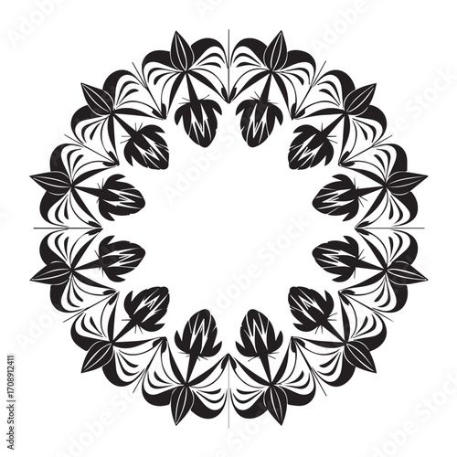 Intricate black and white floral mandala design with repeating petal motifs in a circular arrangement