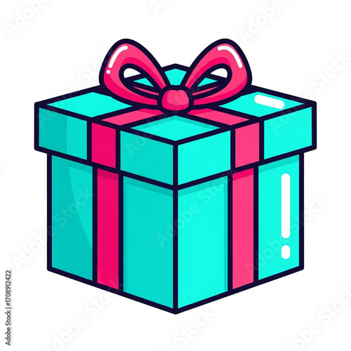 Vibrant Teal and Magenta Cartoon Gift Box with a Glossy Bow and Bold Outlines