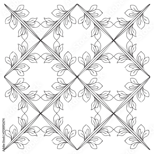 Intricate black and white geometric floral pattern with repeating diamond shapes and leaf motifs