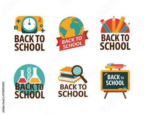 Six colorful 'Back to School' themed vector illustrations featuring various educational symbols like a clock, globe, pencils, beakers, books, and a chalkboard.
