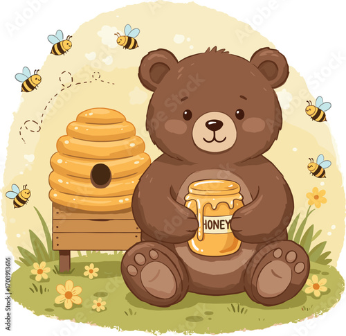 A cute bear enjoying honey with bees hovering around it. A delightful scene of nature's sweet gifts.