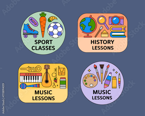 Four colorful circular and square graphic design elements, each representing a different subject, such as sport, history, and music lessons.