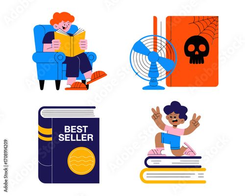 A collection of four illustrations depicting various aspects of reading and books, including a person reading, a fan next to a book, a best-seller book, and a person posing on books.