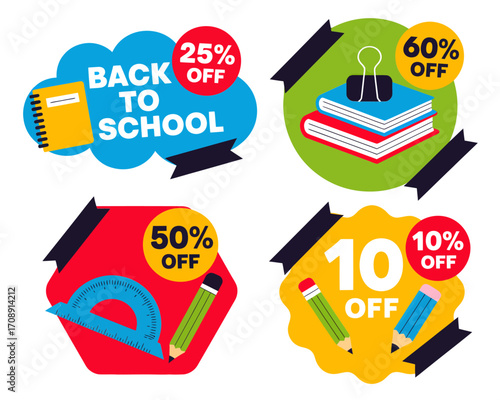 Collection of colorful back to school sale tags with various discounts on school supplies like books, pencils, and notebooks.