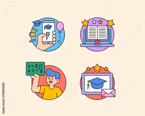 Collection of four circular icons representing online education and learning concepts.