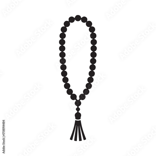 Islamic prayer beads or tasbih made of black beads with a tassel symbolizing spirituality and devotion