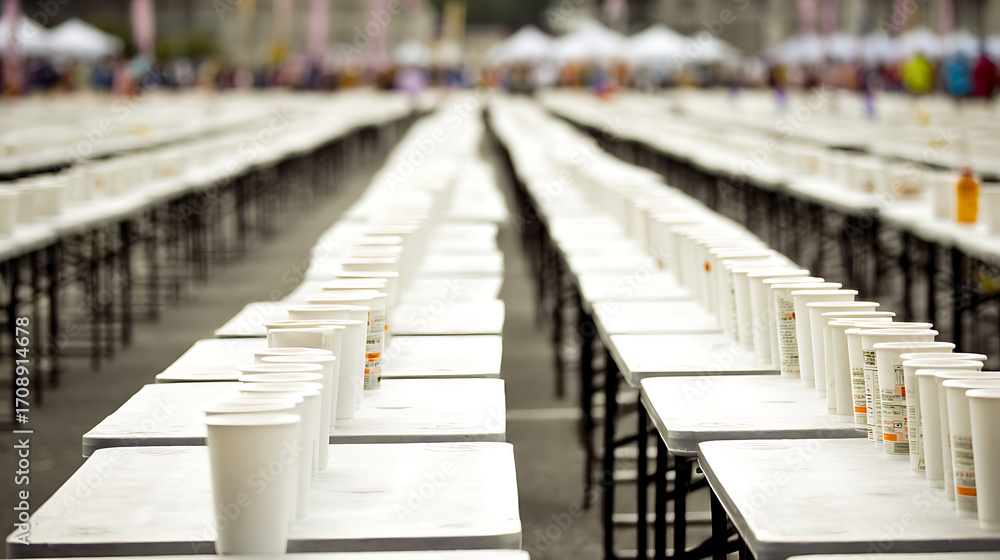 Obraz premium Rows of white tables with disposable cups set up outdoors for a large event