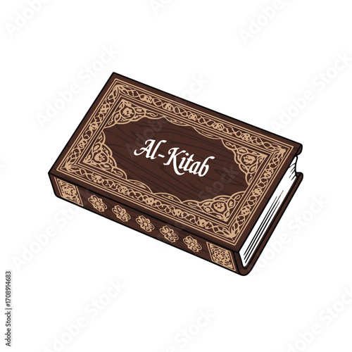 Ornate islamic holy book al kitab with decorative cover and gold embellishments on white background