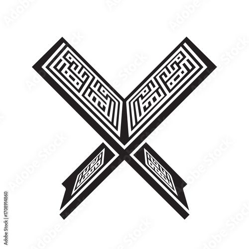 Ornate islamic quran stand with intricate geometric patterns in black and white silhouette