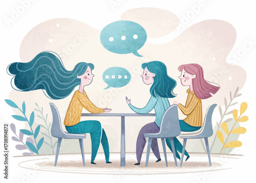 Three young women sitting at a table talking with speech bubbles in a bright and airy illustration
