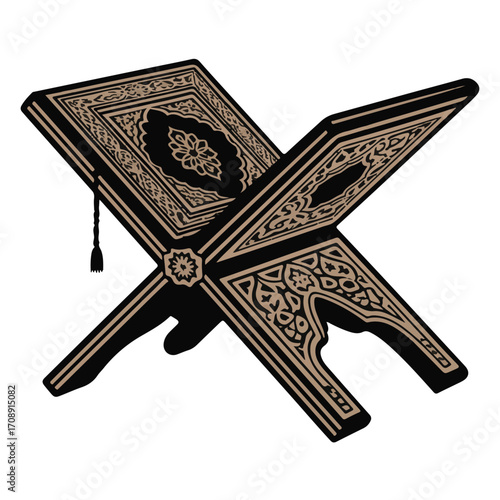 Ornate islamic rehal book stand for holy quran with intricate arabic calligraphy and decorative patterns