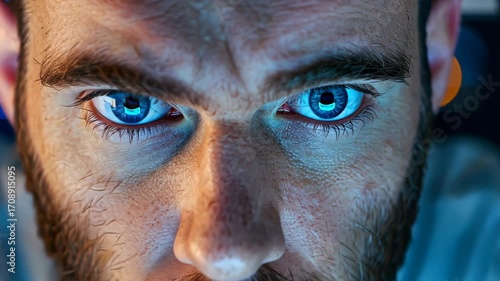 Intense Gaze of Determination: A close-up shot captures a man's resolute face, his captivating blue eyes reflecting focus and determination as he stares intently, hinting at deep thought and resolve.