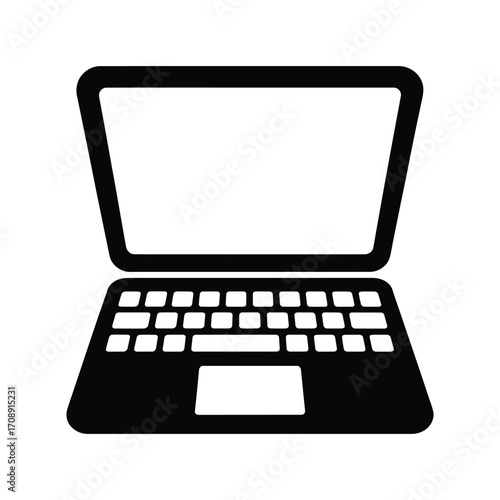 A minimalist black laptop icon, representing technology, communication, and digital connectivity in a sleek and modern design