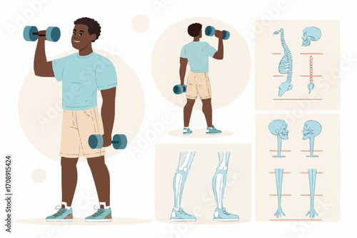 Illustration of a man lifting dumbbells with anatomical drawings of the skeleton and leg bones shown