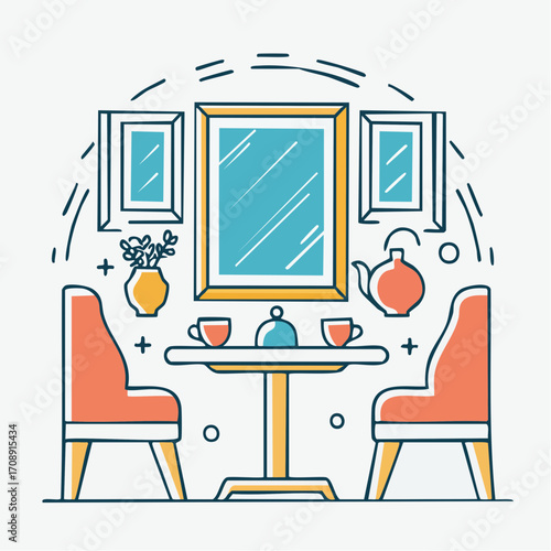 Elegant line art design of a modern cafe interior featuring a table and two chairs for a relaxing tea time concept
