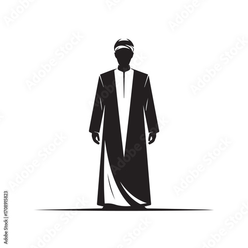 Silhouette of a man wearing traditional islamic clothing standing against a white background in a minimalist style