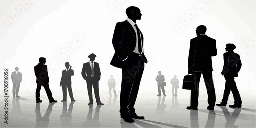 Silhouette of business people in suits standing and walking on a light background in a professional setting