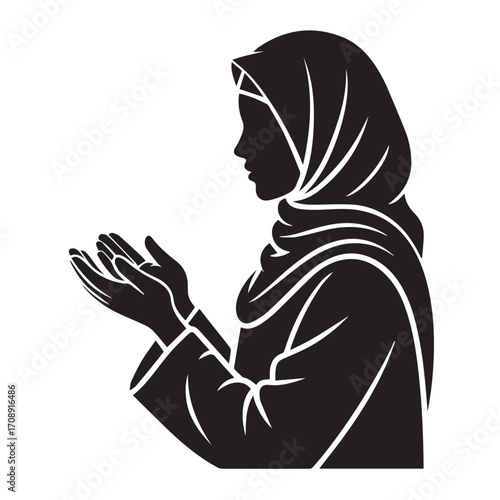 Silhouette of a muslim woman wearing a hijab praying with her hands raised in supplication and devotion
