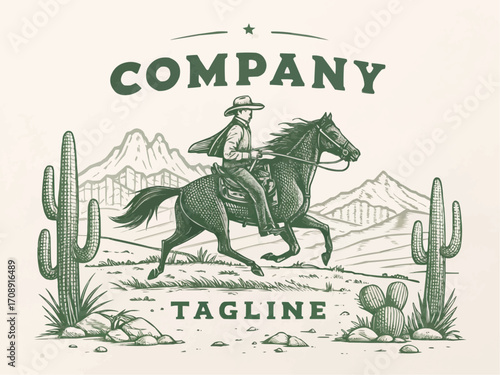 Illustration of a cowboy riding a horse in a desert landscape with company and tagline text above