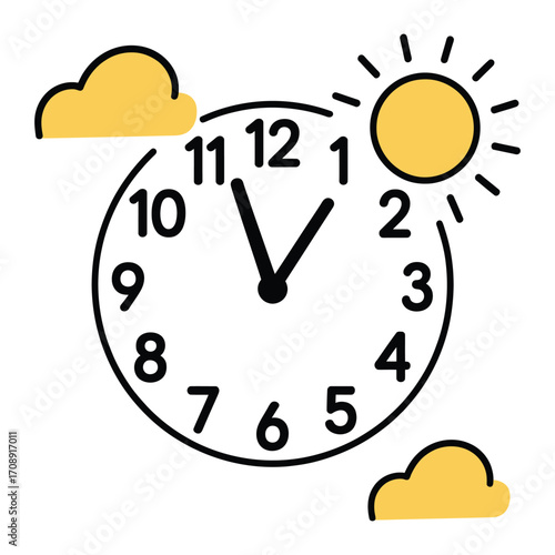 Clock showing 1105 with sun and cloud illustration a simple and clear design element for time management or weather forecast graphics