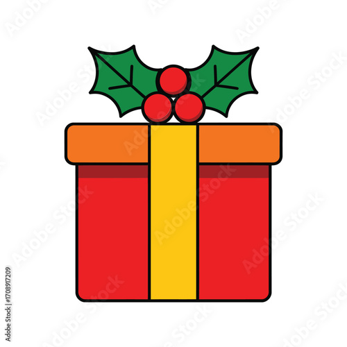 Illustration of a red gift box with an orange lid, tied with a yellow ribbon, and decorated with holly berries and leaves