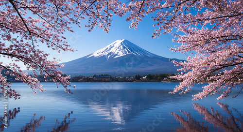 Snow-Capped Mount Fuji Reflected in a Serene Lake Surrounded by Cherry Blossoms