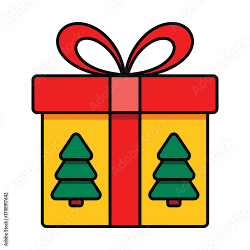 Illustration of a yellow gift box with green christmas trees and a red ribbon, , ideal for holiday greetings