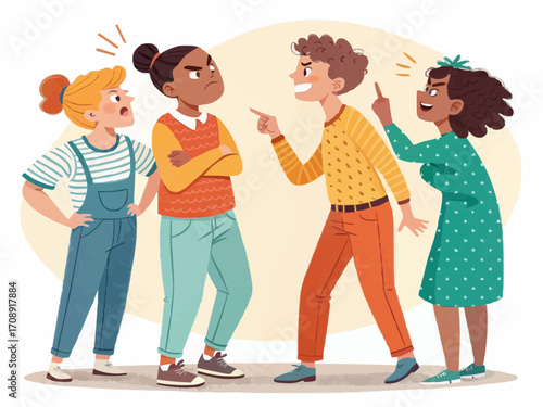 Illustration of four diverse young people arguing and pointing fingers during a heated disagreement or conflict